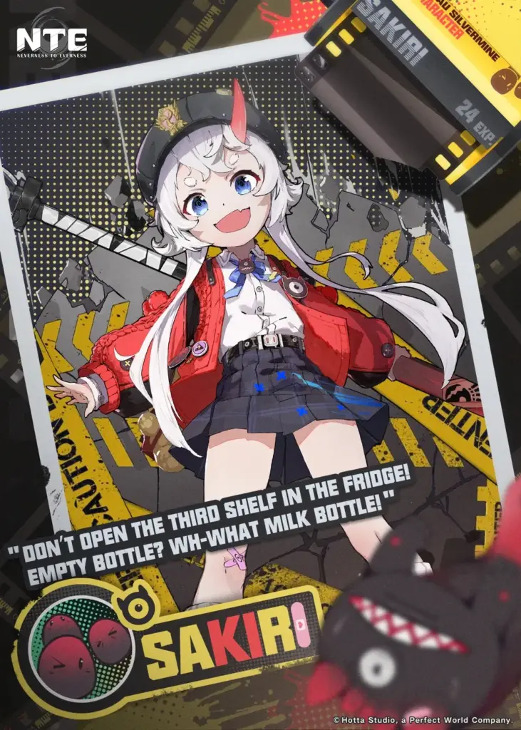 Character art of Sakiri from Neverness to Everness (NTE), wearing a red jacket and black beret with a playful expression. She stands in front of a caution-tape background with her quote, “Don’t open the third shelf in the fridge! Empty bottle? Wh-what milk bottle!” displayed below.