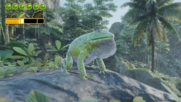 A detailed 3D render of a green frog standing proudly on a rock in a lush jungle environment, surrounded by tropical plants and sunlight.