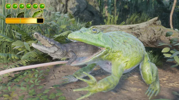A large green frog biting down on a baby crocodile in a dense forest, showcasing a humorous and exaggerated wildlife encounter.