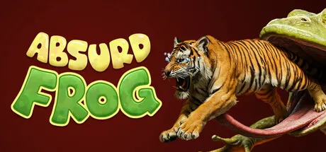 Absurd Frog game cover art showing a giant frog catching a tiger with its tongue next to the title in bold yellow and green letters.