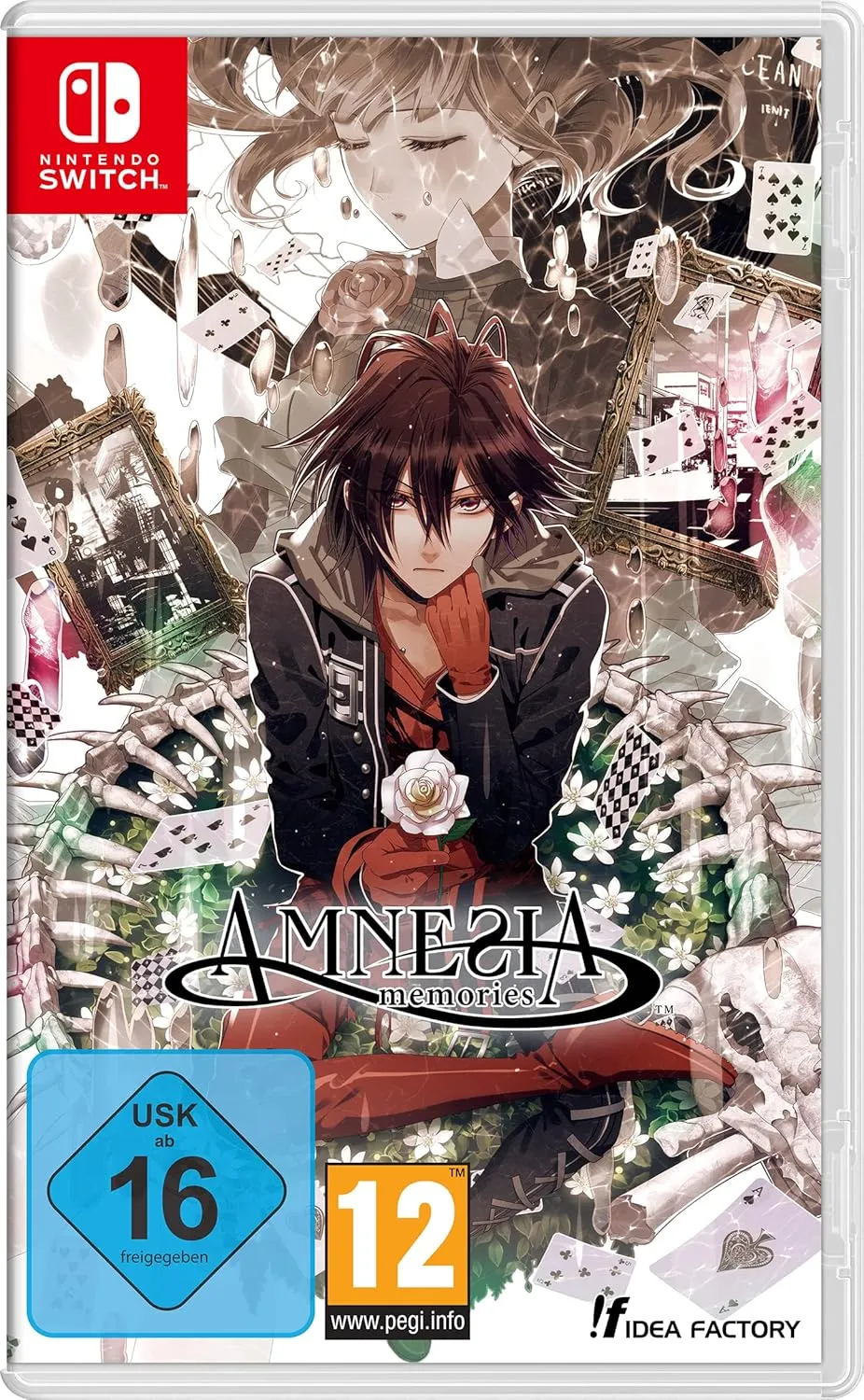 Amnesia Memories Nintendo Switch cover art showing the heroine and her five mysterious love interests in a romantic fantasy setting