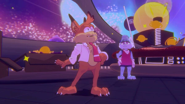 Bubsy and a companion stand inside a futuristic space station filled with glowing planets and lights during a cutscene in Bubsy 4D.