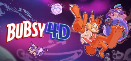 Promotional banner for Bubsy 4D featuring Bubsy leaping through space with planets, enemies, and vibrant action in the background.