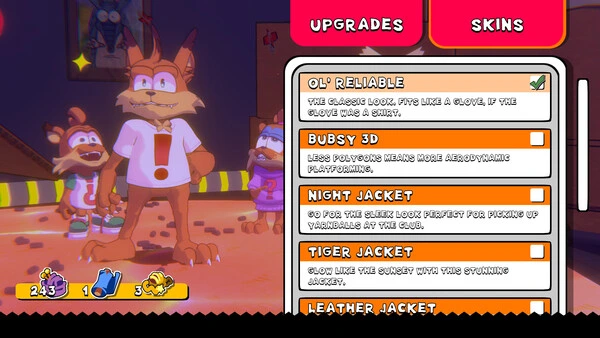 Bubsy stands in front of a wardrobe menu showcasing different skins and outfits, including the classic and Bubsy 3D looks, in Bubsy 4D.