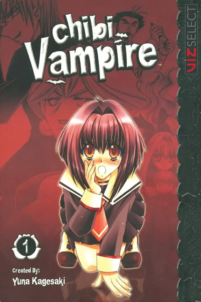 Cover of Chibi Vampire Volume 1 featuring Karin Maaka blushing with a surprised expression in her school uniform against a red background.”