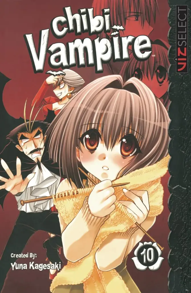 Cover of Chibi Vampire Volume 10 showing Karin Maaka holding a yellow scarf while her parents look worried behind her.