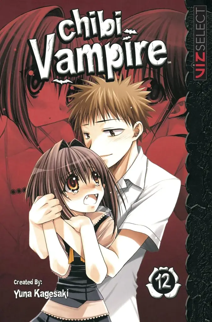 Cover of Chibi Vampire Volume 12 with Karin Maaka blushing as Kenta Usui gently embraces her from behind.