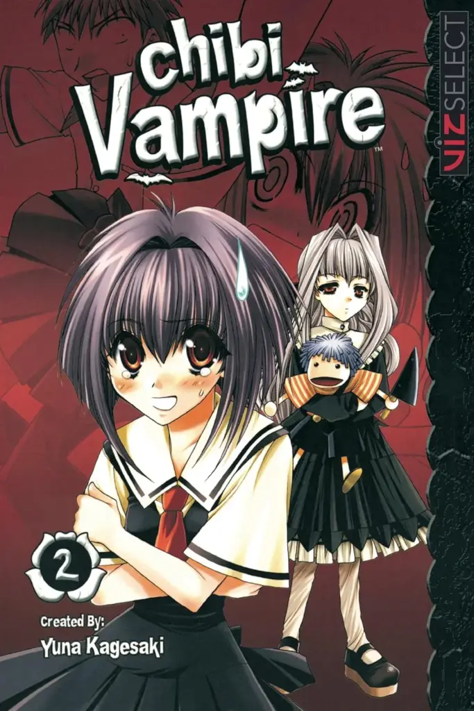 Cover of Chibi Vampire Volume 2 featuring Karin Maaka sweating nervously in her school uniform with her sister Anju standing behind her holding a doll.