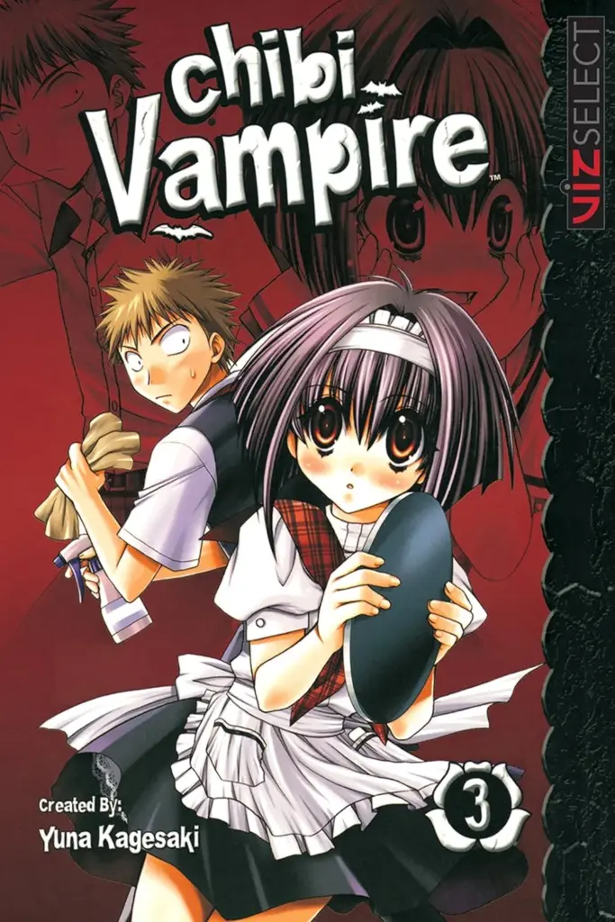 Cover of Chibi Vampire Volume 3 showing Karin Maaka dressed as a maid holding a tray while Usui Kenta stands behind her holding a rag and spray bottle.