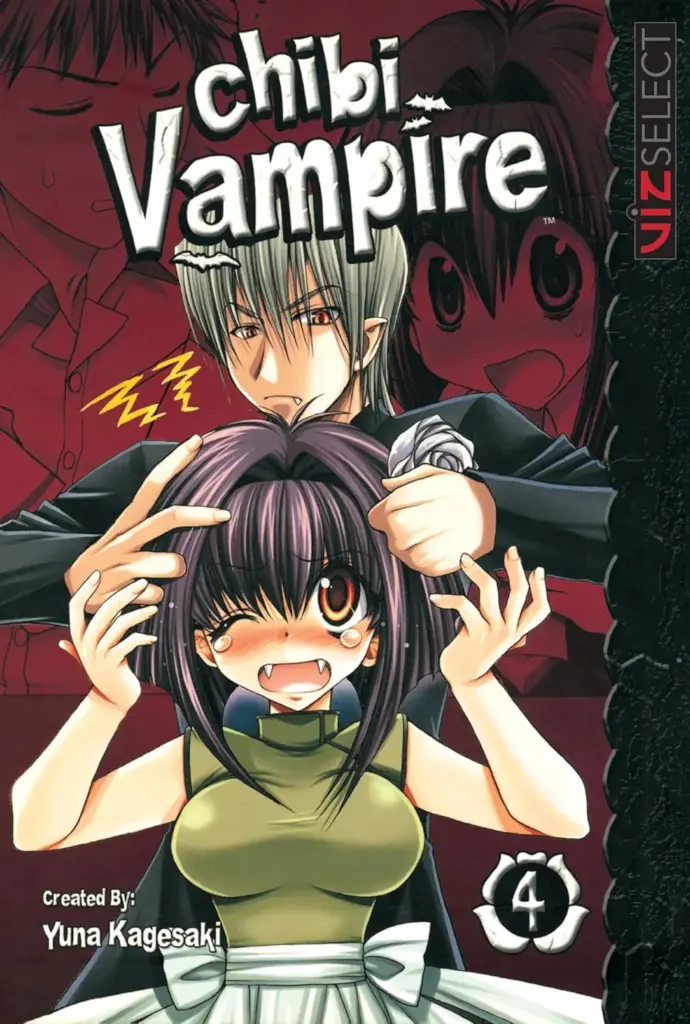 Cover of Chibi Vampire Volume 4 featuring Karin Maaka blushing in a green dress while Ren Maaka playfully tugs at her hair.