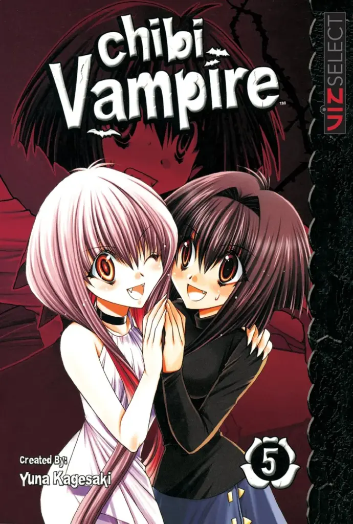 Cover of Chibi Vampire Volume 5 featuring Karin Maaka smiling beside another female vampire, both with fangs showing and cheerful expressions.