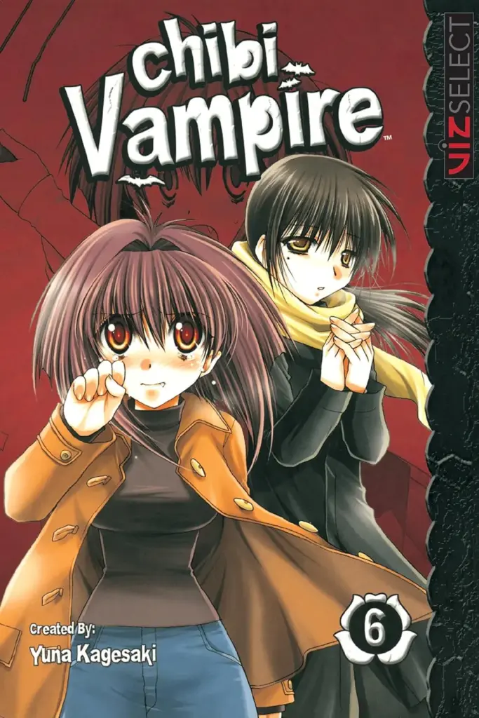 Cover of Chibi Vampire Volume 6 showing Karin Maaka in a brown coat wiping tears beside a mysterious girl with a scarf.