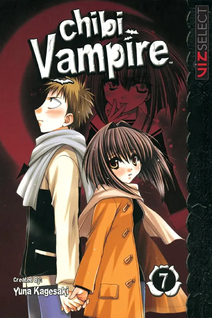 Cover of Chibi Vampire Volume 7 showing Karin Maaka and Usui Kenta holding hands and standing back to back in winter clothes.