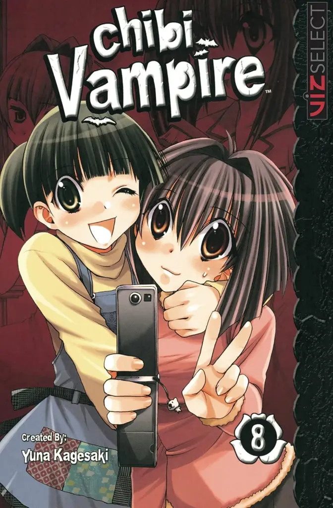 Cover of Chibi Vampire Volume 8 showing Karin Maaka taking a selfie with her friend who’s smiling and flashing a peace sign.