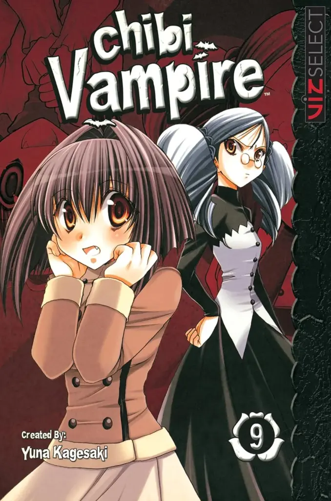 Cover of Chibi Vampire Volume 9 showing Karin Maaka looking anxious beside a stern woman with glasses and twin ponytails.