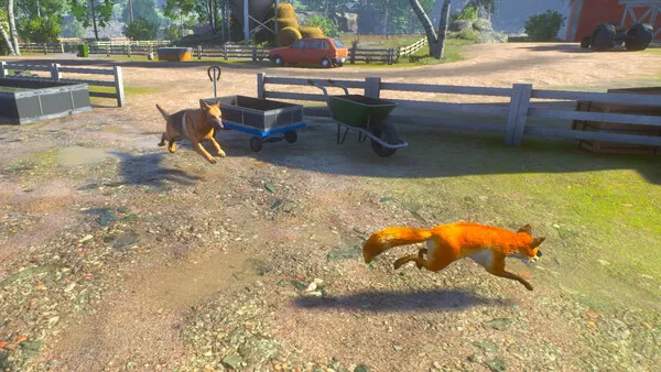 “A fox dashing across a farmyard while being chased by a dog in Chill Fox, showing an exciting moment of gameplay.