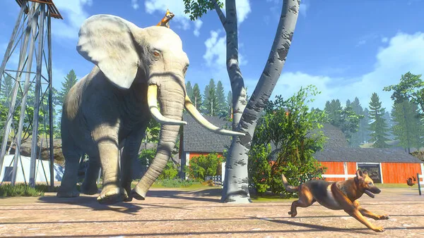 A fox riding on top of an elephant as a playful dog runs beside them in Chill Fox, set in a bright outdoor farm area.