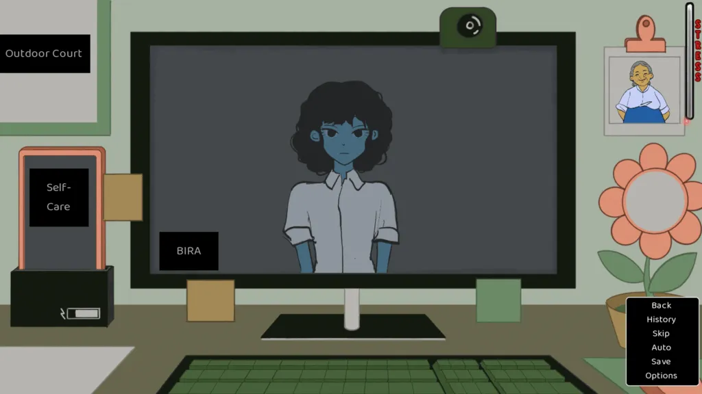 Celia, an Afro-Latina woman with curly hair, appears on a computer screen in a minimalist office setup labeled with buttons like “Self-Care” and “BIRA,” reflecting the game’s focus on stress and work-life balance.