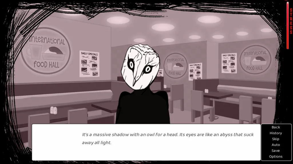 A haunting owl-headed shadow figure looms inside a cafeteria, symbolizing the eerie corporate horrors Celia must confront in Clock Out at 2.