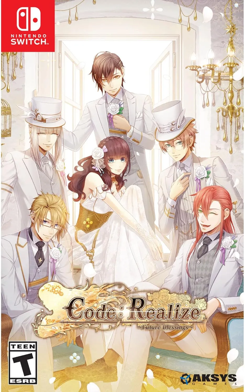 Code Realize Future Blessings Nintendo Switch cover art featuring Cardia and her love interests in romantic steampunk London setting