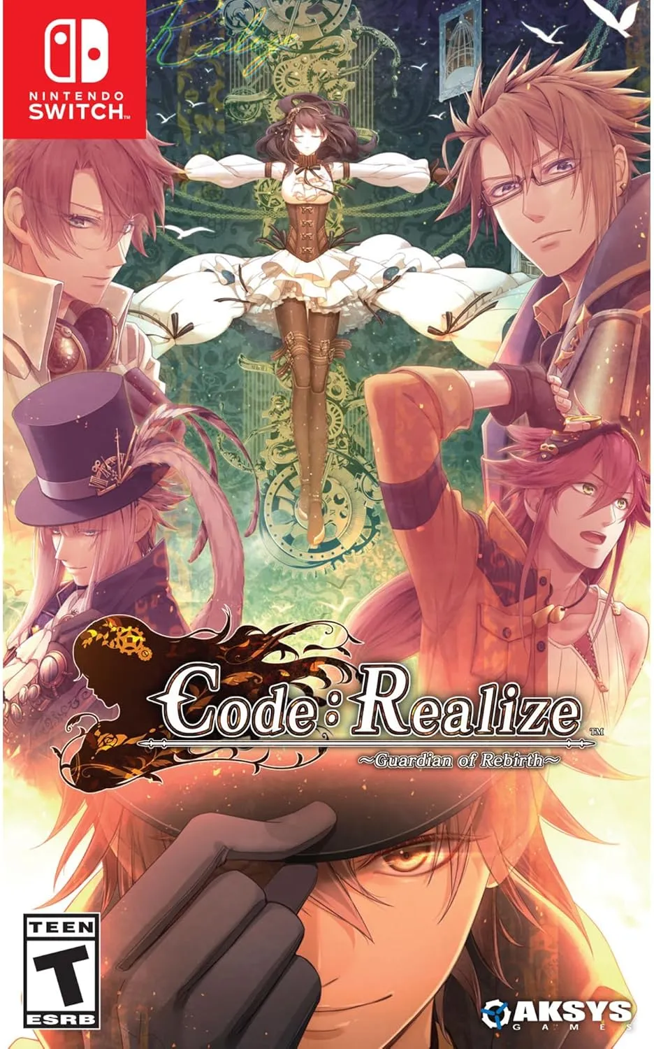 Code Realize Guardian of Rebirth Nintendo Switch cover art featuring Cardia and her steampunk suitors in 19th-century London