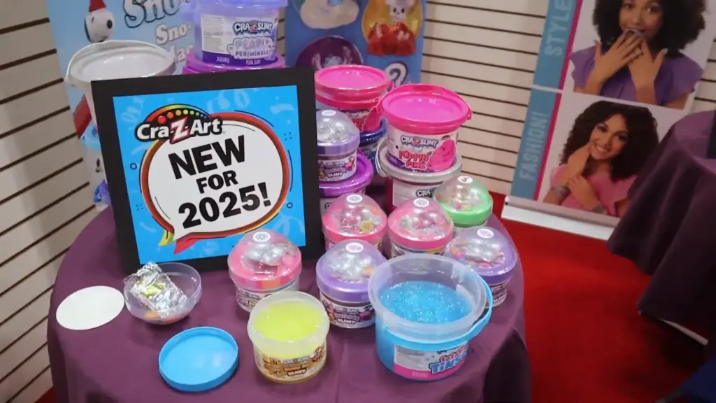 Cra-Z-Slime jars displayed at Toy Fair NY 2025 featuring new slime varieties, colors, and textures, including glitter and scented slime.