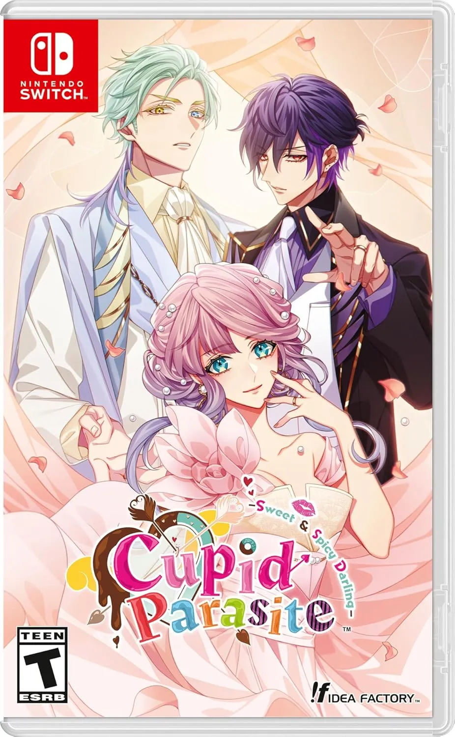 For your girly otome fix we have Cupid Parasite: Sweet & Spicy Darling Nintendo Switch cover art featuring the protagonist and the Parasite 5 bachelors in a vibrant love-coaching setting