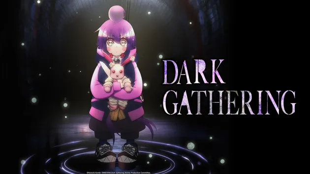 A girl with purple hair holds a stuffed bunny in a dark glowing circle surrounded by eerie lights, symbolizing the supernatural horror anime “Dark Gathering.”