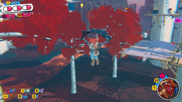 Beebz glides through a forest of red trees using a paraglider, showcasing open exploration and aerial movement in Demon Tides.