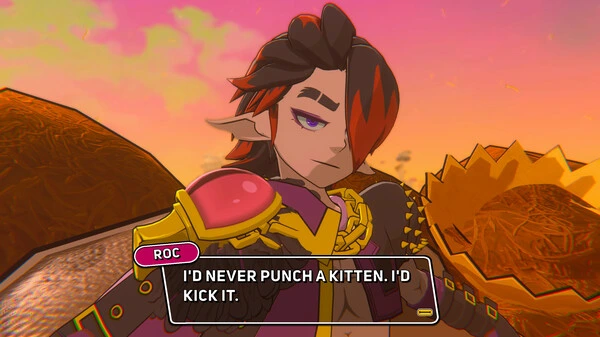 Roc smirks during a dialogue scene in Demon Tides, delivering a mischievous line that captures the game’s humor and personality.