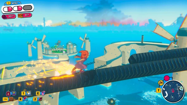 Beebz grinds across a glowing rail over a bright ocean landscape with windmills and islands in the distance in Demon Tides by Fabraz.