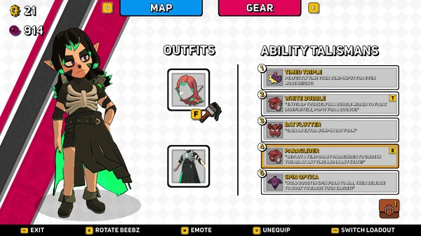 Beebz stands in a menu screen showing customizable outfits and ability talismans, highlighting the deep personalization options in Demon Tides.