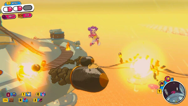 Beebz leaps through a fiery sunset sky surrounded by explosions and projectiles in a high-action moment from Demon Tides.