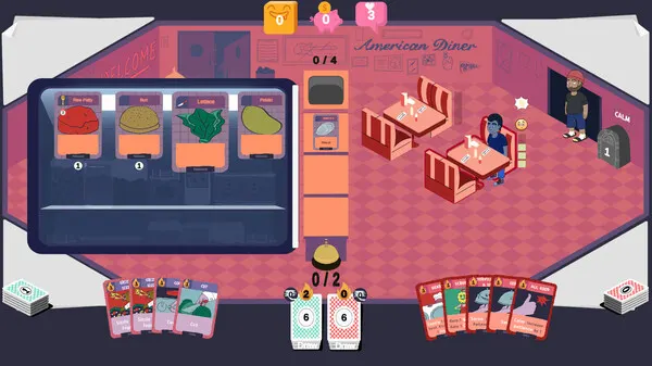 Dining Deck gameplay showing a kitchen inventory screen with fresh produce like tomato, bun, lettuce, and potato cards, as players prepare dishes in a cooperative American Diner setting.