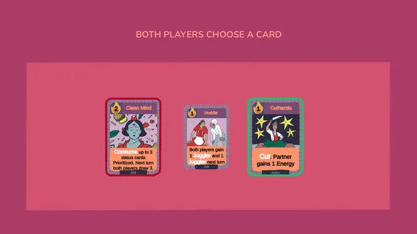Dining Deck card selection screen with three cards—Clean Mind, Huddle, and Catharsis—each offering cooperative effects for players to manage energy and teamwork during restaurant service.