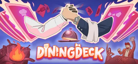 Dining Deck game banner showing two chefs clasping hands over a covered dish, surrounded by flames, cards, and joyful characters, symbolizing teamwork and cooperative gameplay.