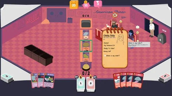 Dining Deck gameplay screen set in an American Diner, showing players managing customer orders, recipe cards, and kitchen tasks in a cooperative turn-based setup.