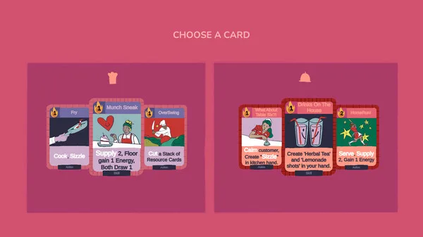 Dining Deck gameplay screen showing players choosing cards for their decks, featuring colorful ability cards like Fry, Munch Steak, and Drinks On The House, highlighting the cooperative deckbuilding system.
