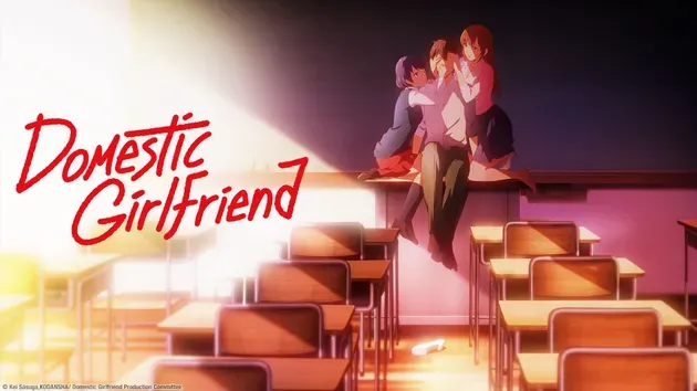 Domestic Girlfriend key visual showing Natsuo sitting with his two stepsisters Hina and Rui in a dramatic classroom scene.