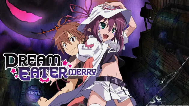 Dream Demon Merry poses confidently alongside Yumeji against a dark dreamlike backdrop with a sinister moon, representing the supernatural action anime Dream Eater Merry.
