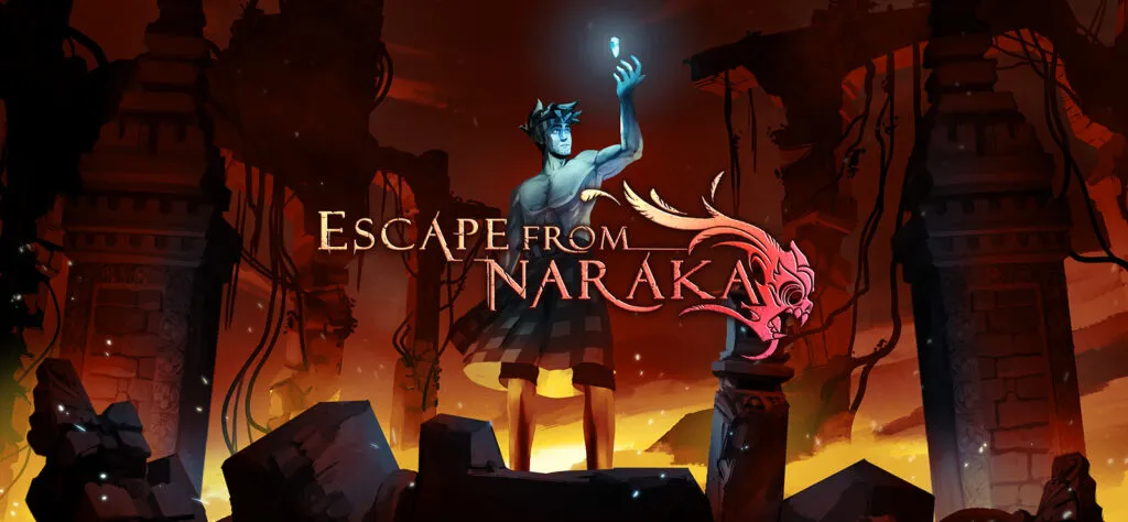 Promotional artwork for Escape from Naraka, featuring a blue-skinned hero holding a glowing crystal above ancient ruins surrounded by fiery red light.