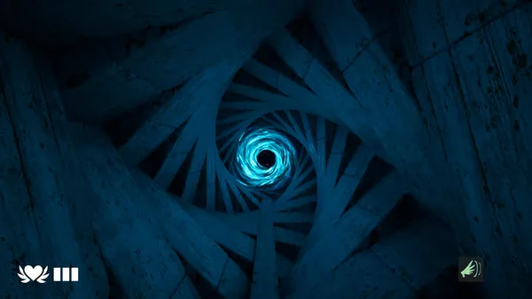 A dark spiraling blue tunnel surrounded by jagged stone walls, glowing with a mysterious light at the center.