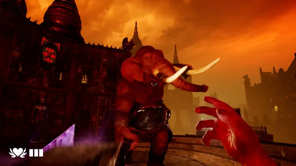 A monstrous creature with the body of a human and the head of an elephant attacks in a fiery temple under a red sky.