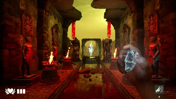 A first-person view of an ancient temple with red torches and stone statues, holding a glowing crystal shard.