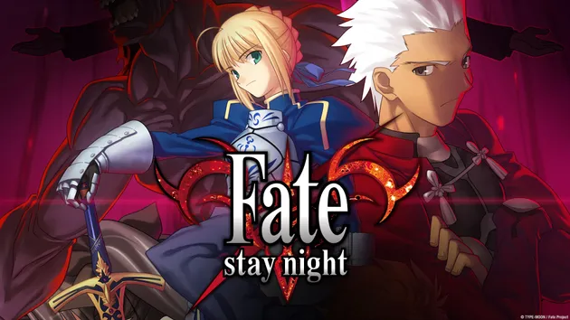 Saber and Archer stand ready for battle with a glowing red magical sigil behind them, highlighting the fantasy action anime Fate/Stay Night.