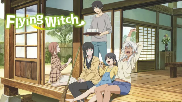 Group of cheerful friends relaxing on a wooden porch in the countryside, featuring a young witch-in-training enjoying a peaceful day from the anime Flying Witch.
