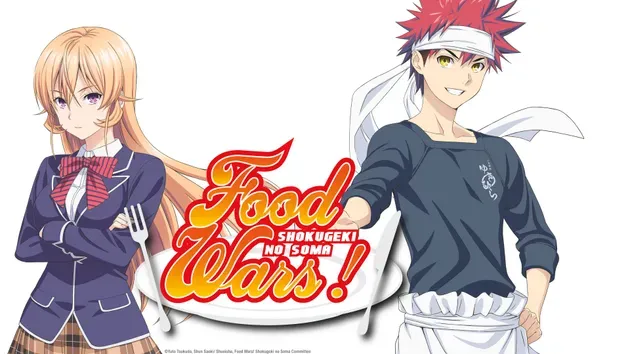 Food Wars anime poster with Soma Yukihira and Erina Nakiri standing ready for a culinary showdown.