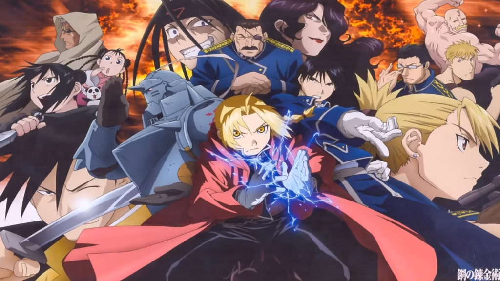 Fullmetal Alchemist Brotherhood Character Quiz image featuring Edward Elric, Ling Yao, Lan Fan, Fu, and May Chang in action poses, highlighting their unique fighting styles and teamwork from the anime Fullmetal Alchemist Brotherhood.