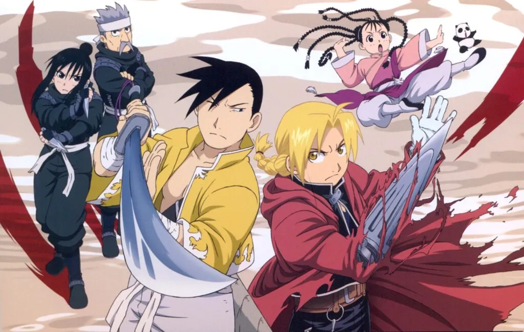 Group of characters from Fullmetal Alchemist: Brotherhood in action poses. Edward Elric stands in front with his automail blade extended, next to Ling Yao wielding his sword. Behind them are Lan Fan and Fu in combat stances, while May Chang leaps through the air with her panda Xiao-Mei.