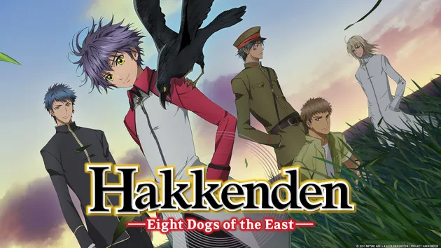 Group of characters in traditional and modern clothing stand in a grassy field under a bright sky, symbolizing the supernatural adventure anime Hakkenden: Eight Dogs of the East.